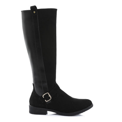 Leather & Suede Color Block Riding Boot - Black