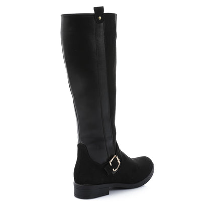 Leather & Suede Color Block Riding Boot - Black
