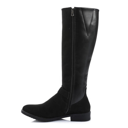 Leather & Suede Color Block Riding Boot - Black