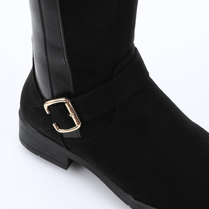 Leather & Suede Color Block Riding Boot - Black