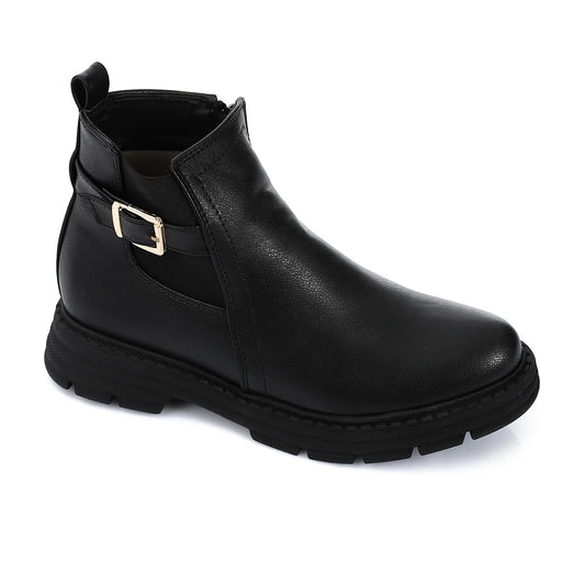 Leather Solid Ankle Boot - Black