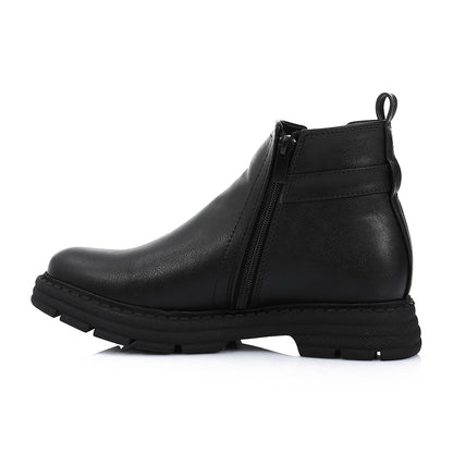 Leather Solid Ankle Boot - Black