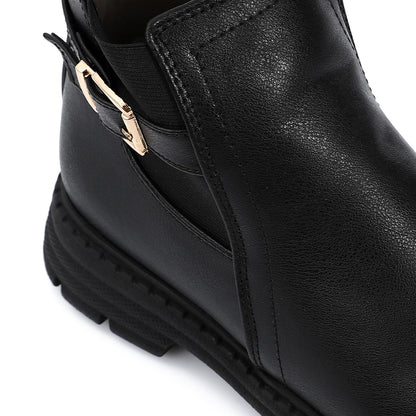 Leather Solid Ankle Boot - Black