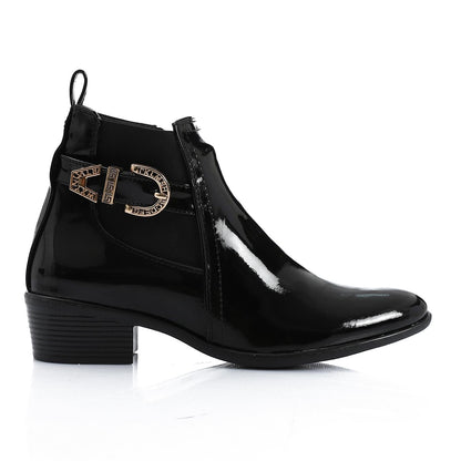 Patent Leather Solid Ankle Boot - Black