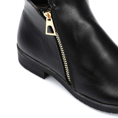 Faux Leather Solid Ankle Boot - Black