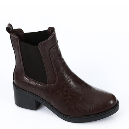 Block Heel Leather Slip On Ankle Boots - Brown