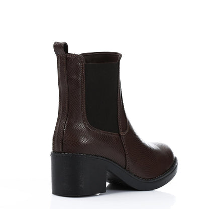 Block Heel Leather Slip On Ankle Boots - Brown