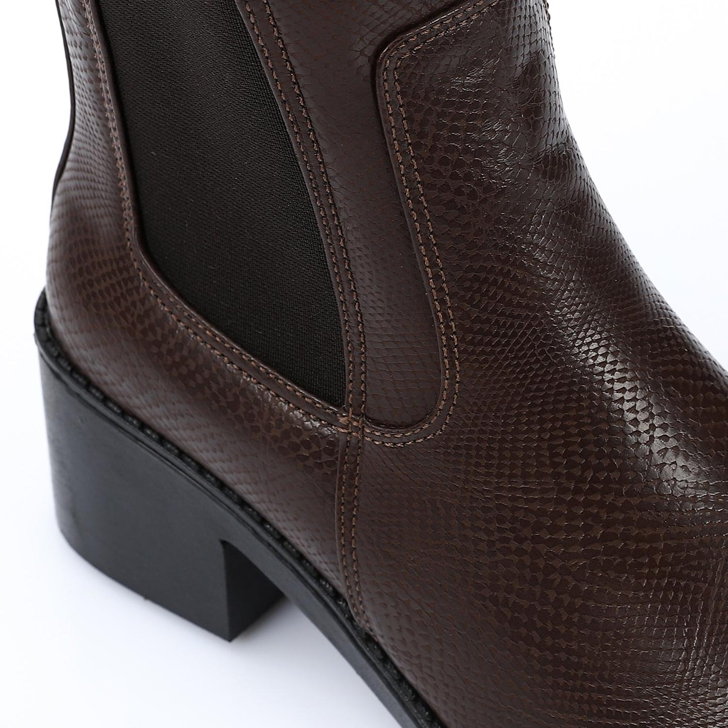 Block Heel Leather Slip On Ankle Boots - Brown