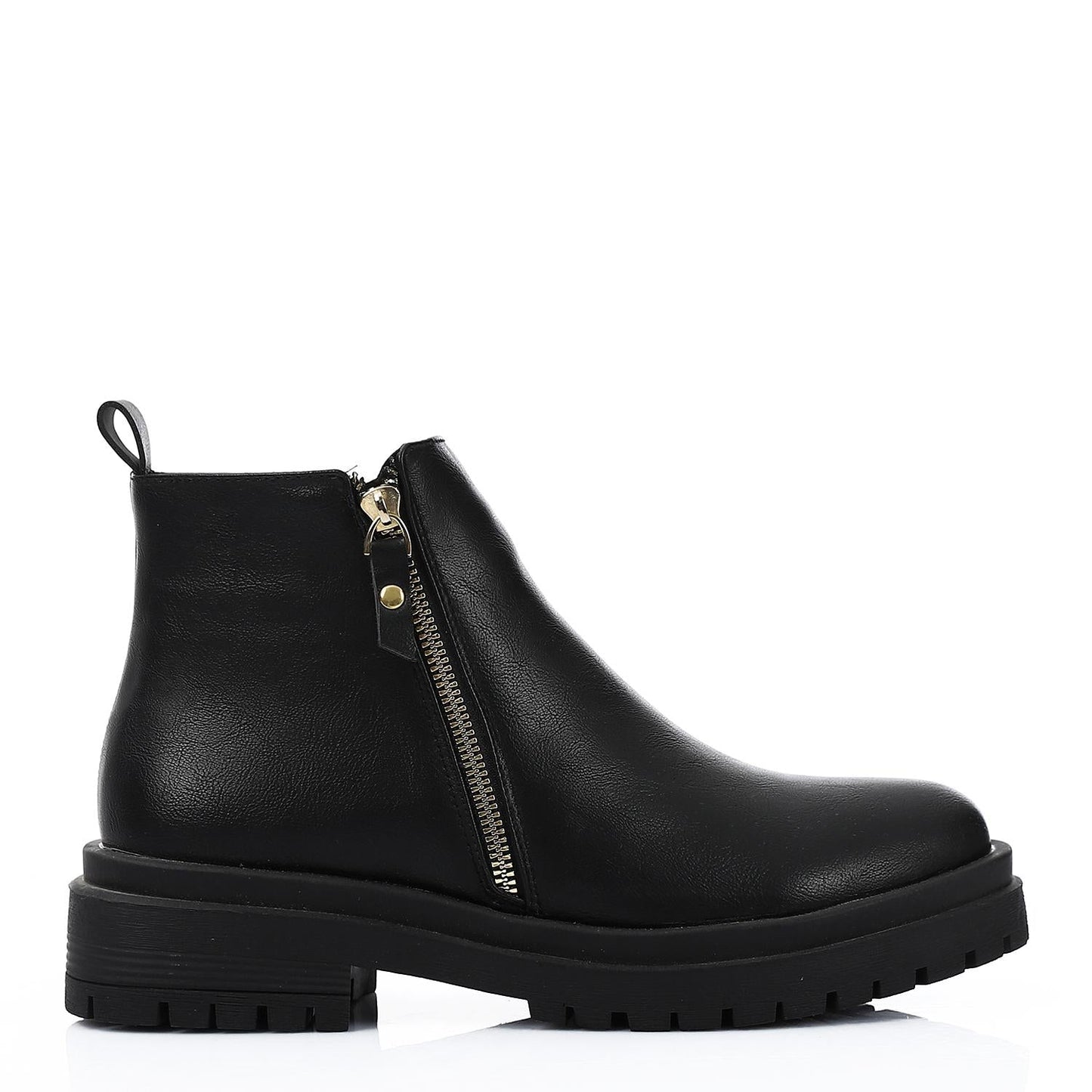 Leather Solid Ankle Boots - Black