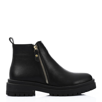 Leather Solid Ankle Boots - Black