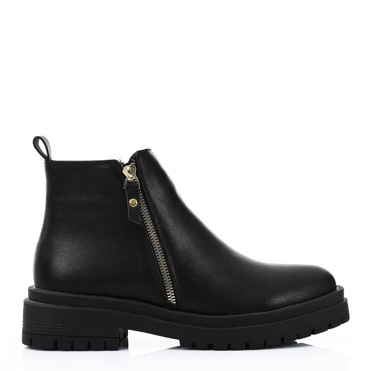 Leather Solid Ankle Boots - Black