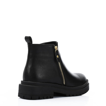 Leather Solid Ankle Boots - Black