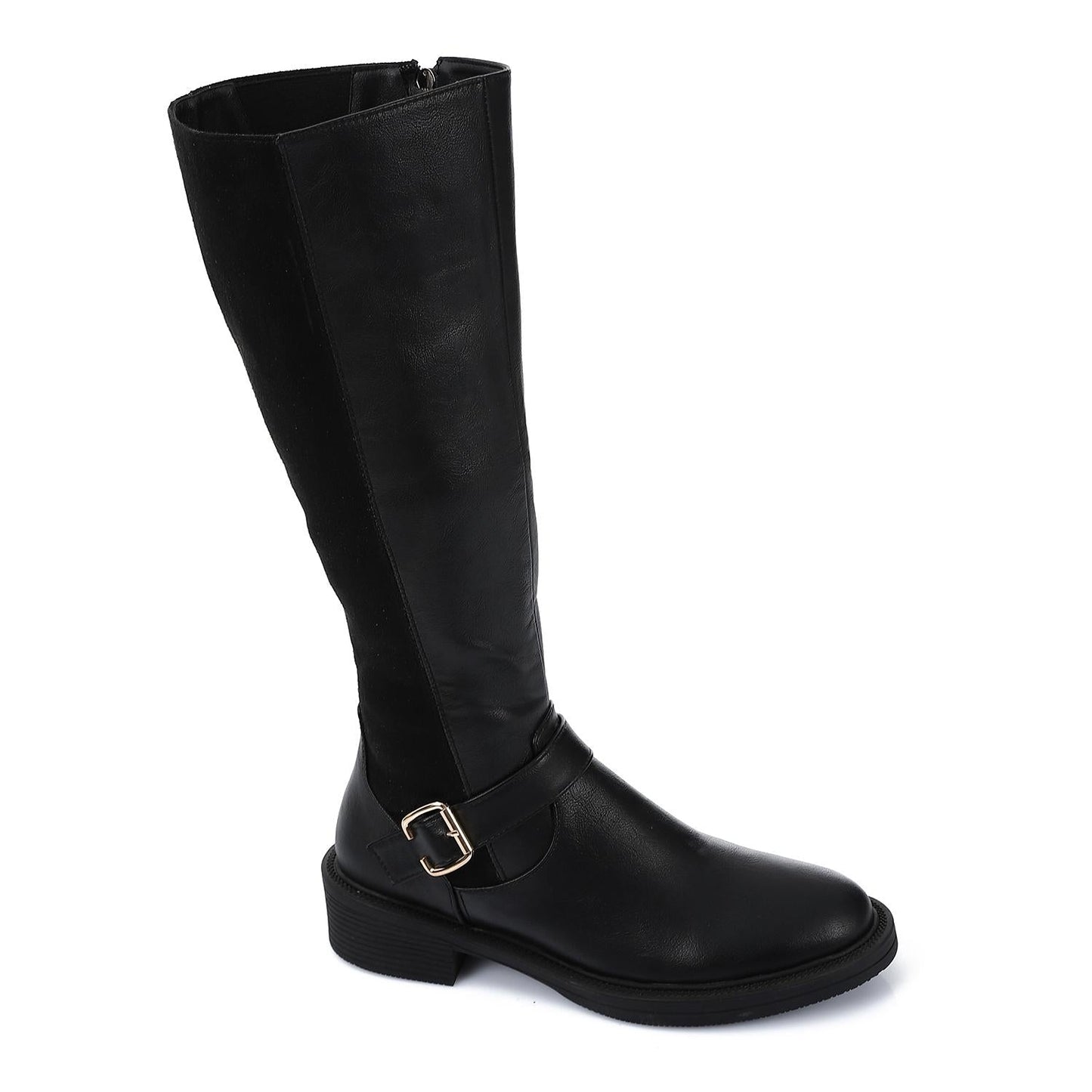 Leather Suede Mid Calf Boot - Black