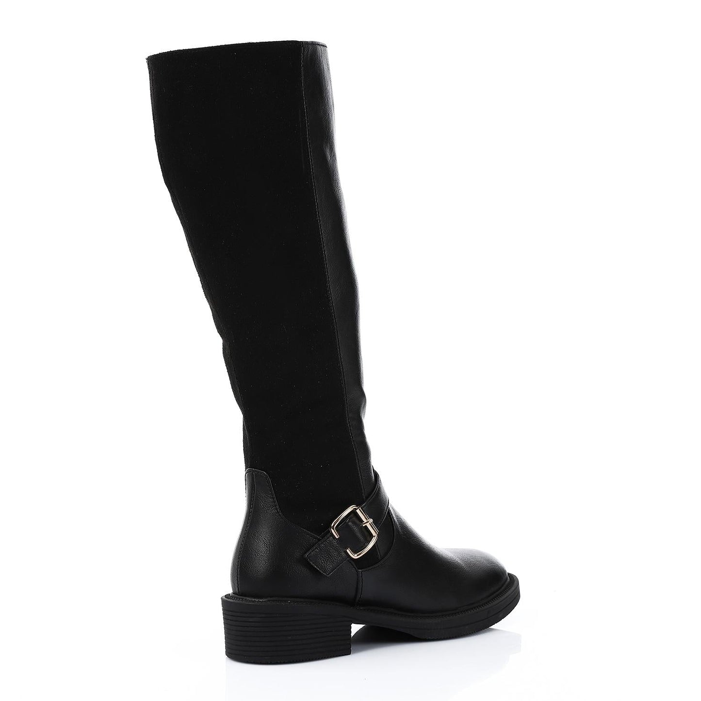 Leather & Suede Knee Boots with Side Decorative Buckle - Black