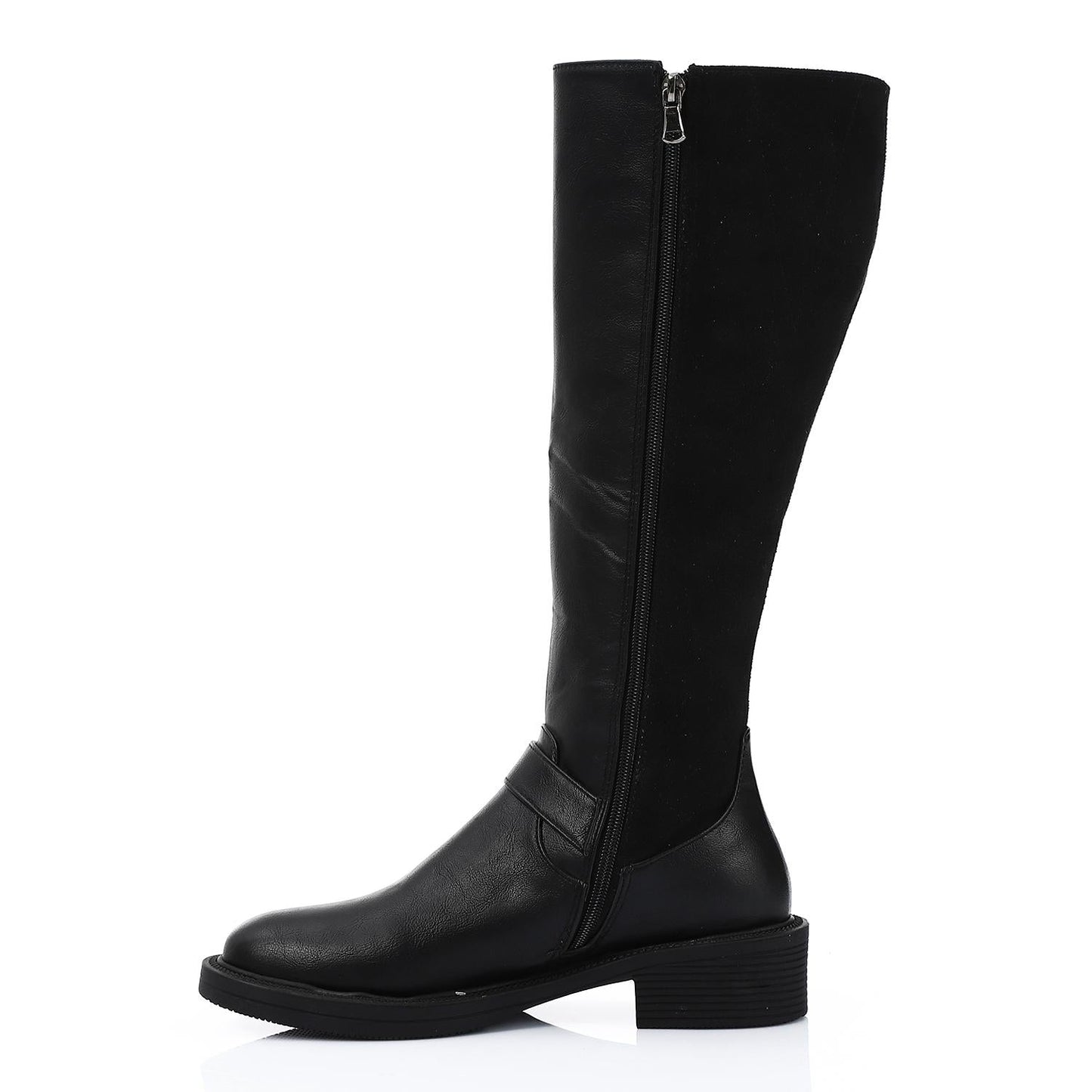 Leather & Suede Knee Boots with Side Decorative Buckle - Black