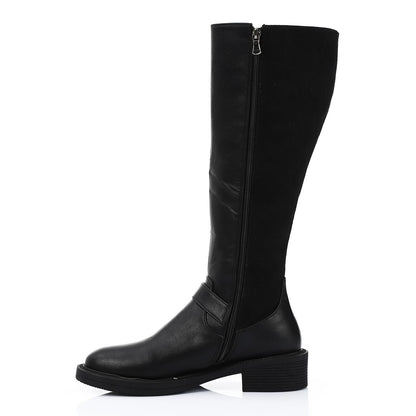 Leather & Suede Knee Boots with Side Decorative Buckle - Black
