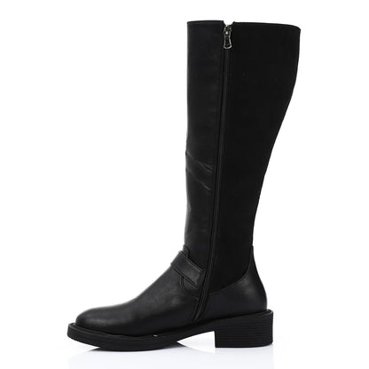 Leather Suede Mid Calf Boot - Black