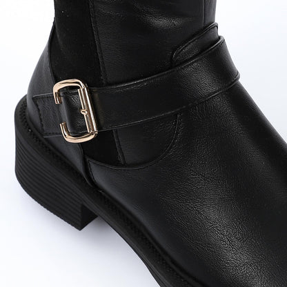 Leather & Suede Knee Boots with Side Decorative Buckle - Black