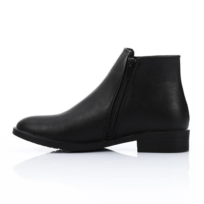 Leather Solid Ankle Boots - Black