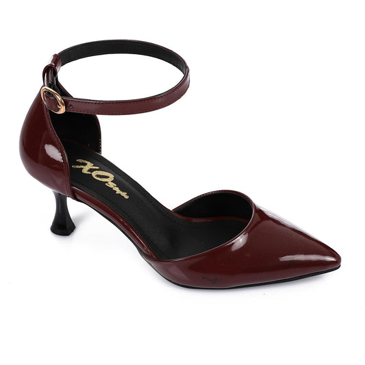 Patent Leather Solid Ankle Strap Pumps - Burgundy