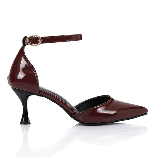 Patent Leather Solid Ankle Strap Pumps - Burgundy