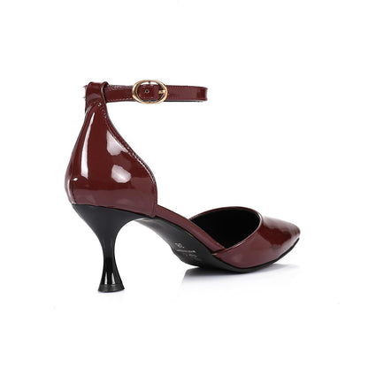 Patent Leather Solid Ankle Strap Pumps - Burgundy