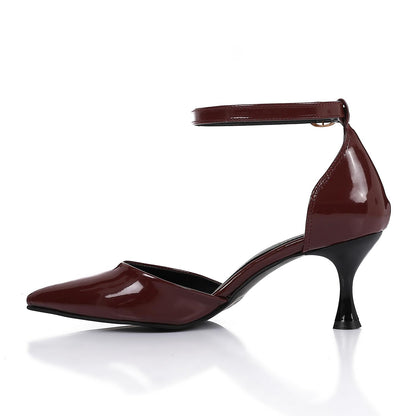 Patent Leather Solid Ankle Strap Pumps - Burgundy