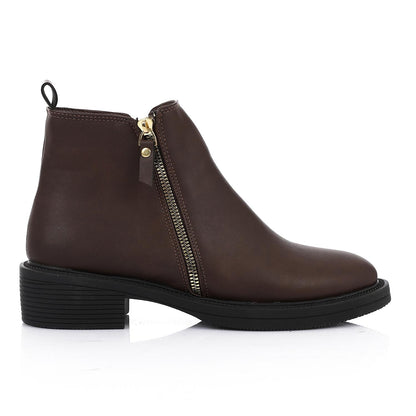 Leather Ankle Boot with Zipper Closure - Brown