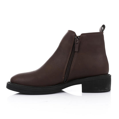 Leather Ankle Boot with Zipper Closure - Brown