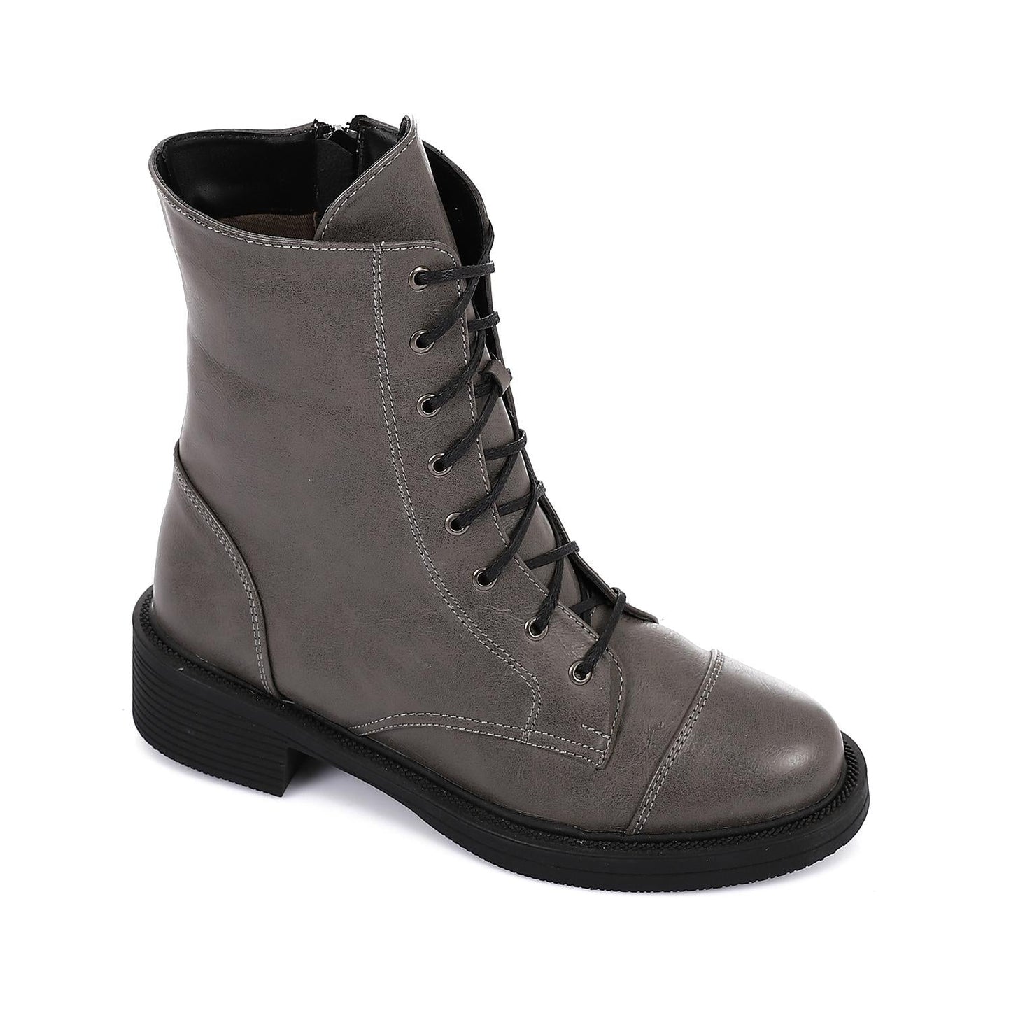 Leather Solid Combat Boots - Grey