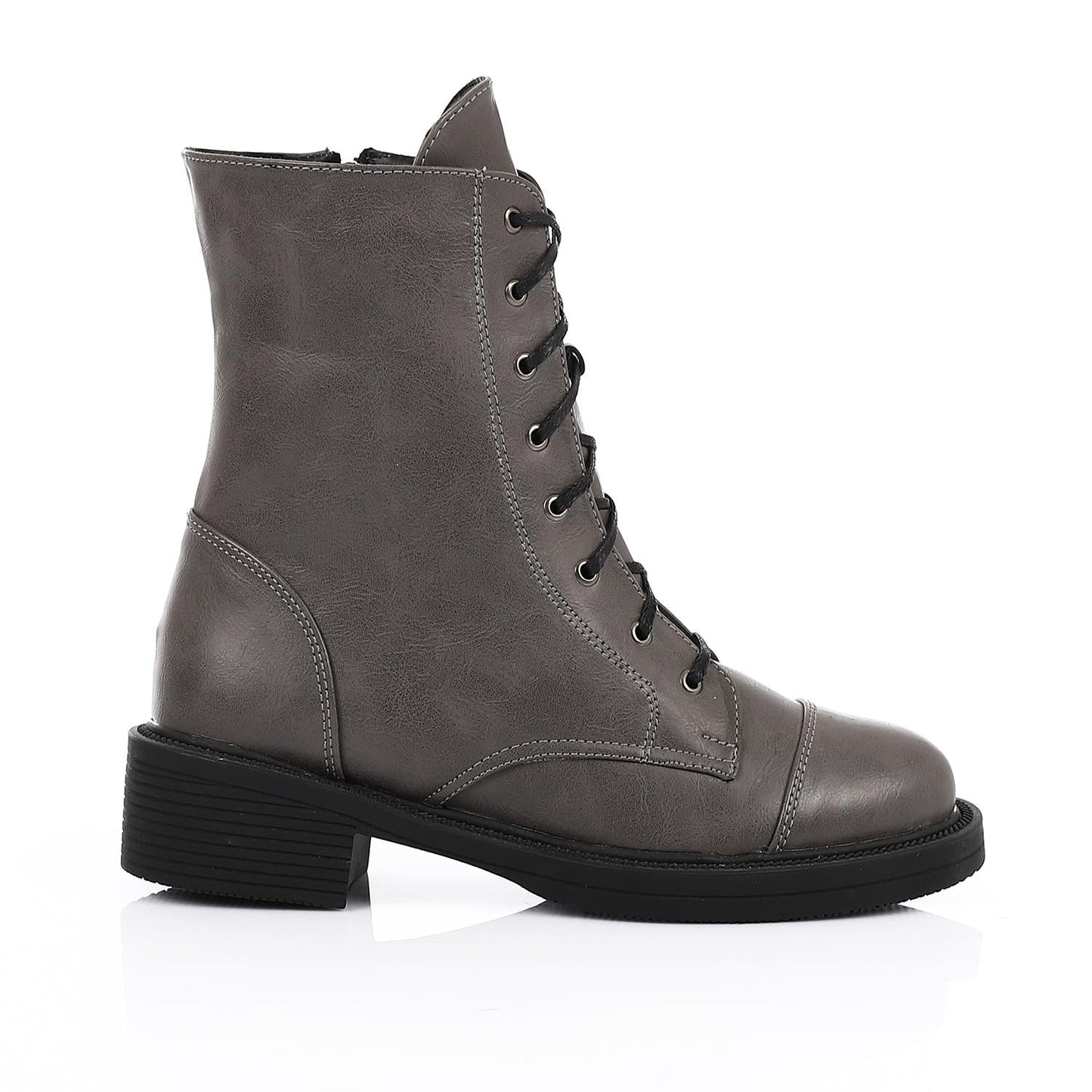 Leather Solid Combat Boots - Grey