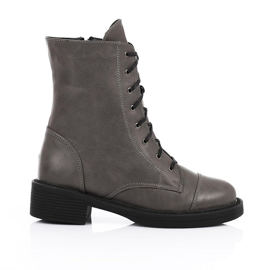Leather Solid Combat Boots - Grey