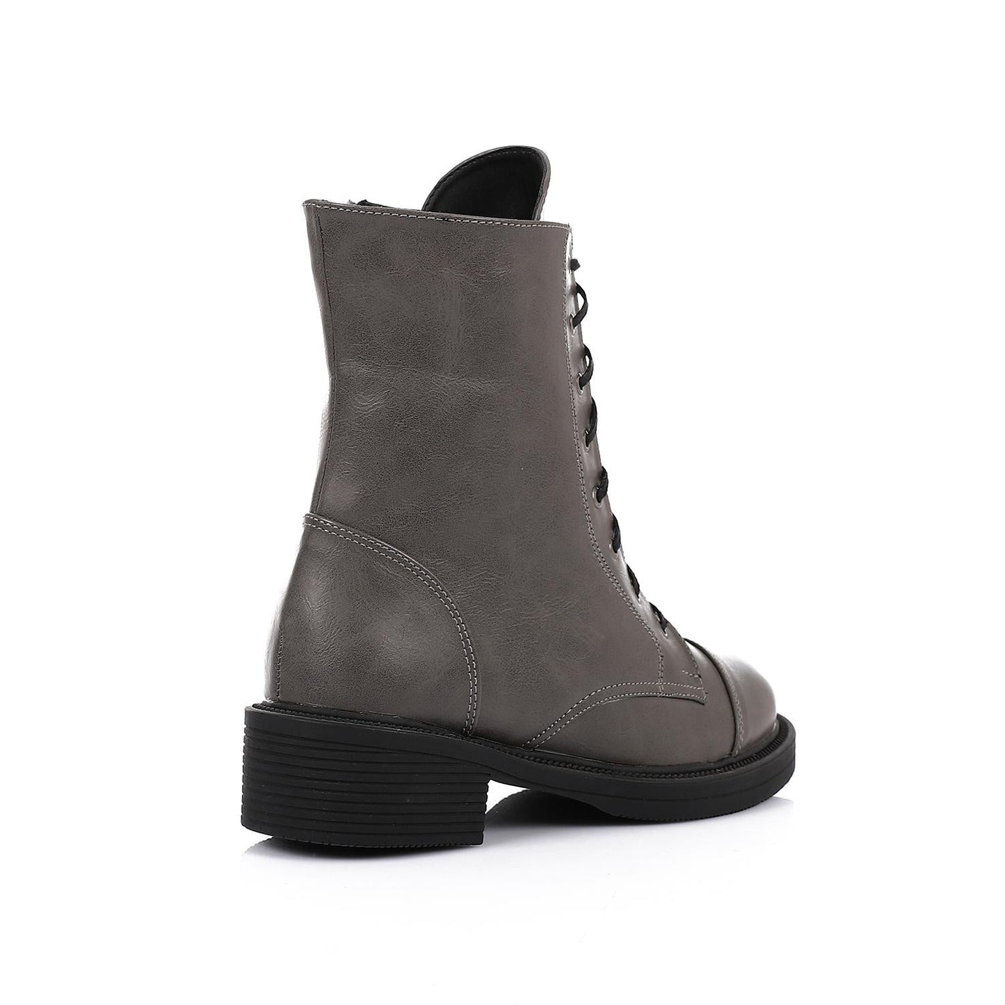 Leather Solid Combat Boots - Grey