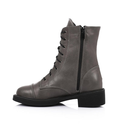 Leather Solid Combat Boots - Grey