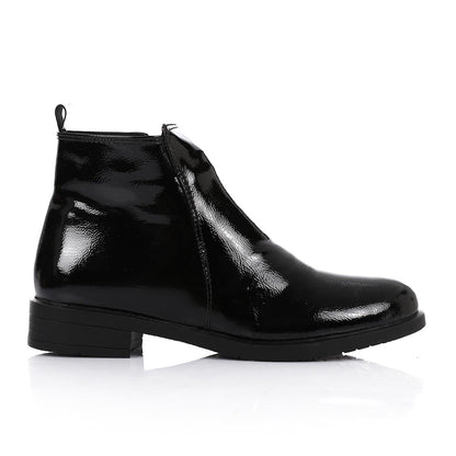 Patent Leather Solid Ankle Boots - Black