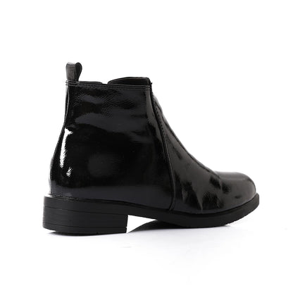 Patent Leather Solid Ankle Boots - Black