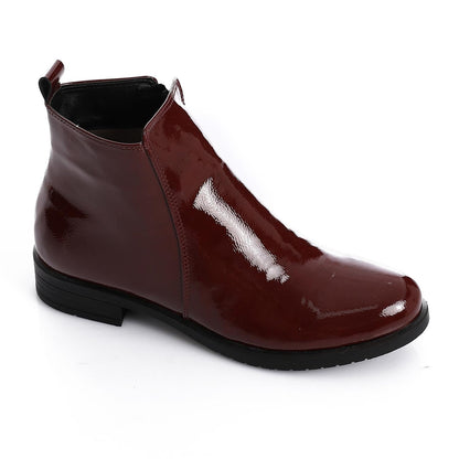 Patent Leather Solid Ankle Boots - Burgundy