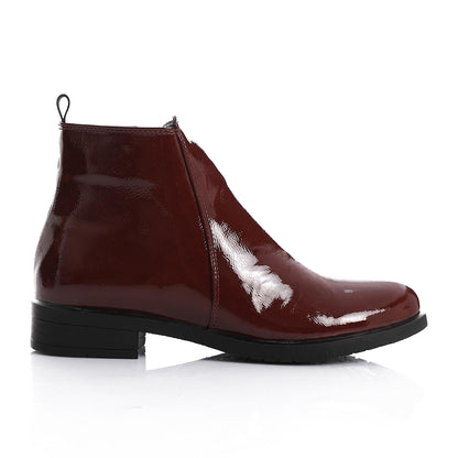 Patent Leather Solid Ankle Boots - Burgundy