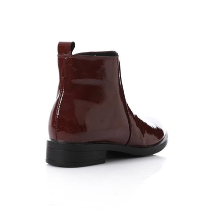 Patent Leather Solid Ankle Boots - Burgundy