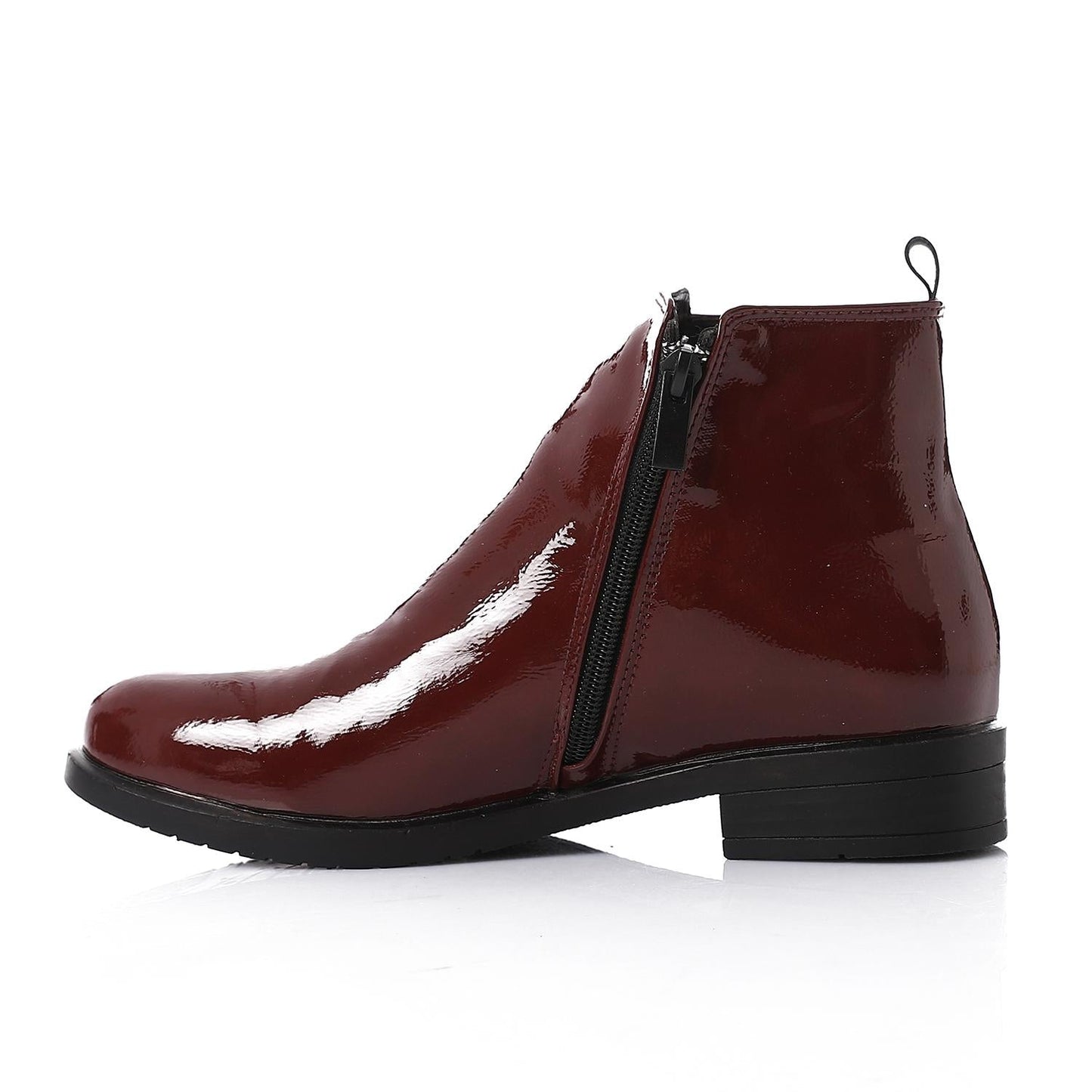 Patent Leather Solid Ankle Boots - Burgundy