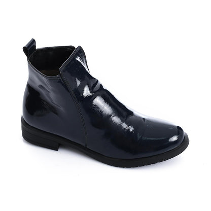 Patent Leather Solid Ankle Boots - Navy
