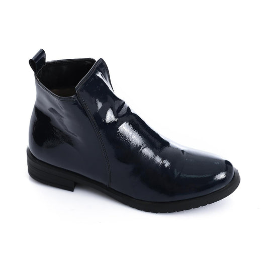 Patent Leather Solid Ankle Boots - Navy