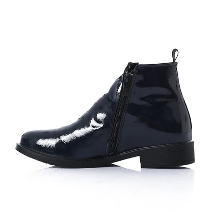 Patent Leather Solid Ankle Boots - Navy