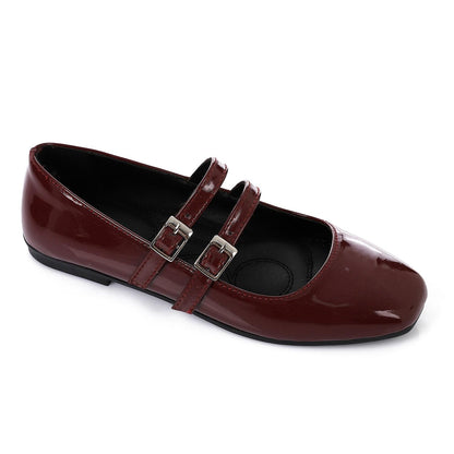 Patent Leather Solid Mary Jane Flats - Burgundy