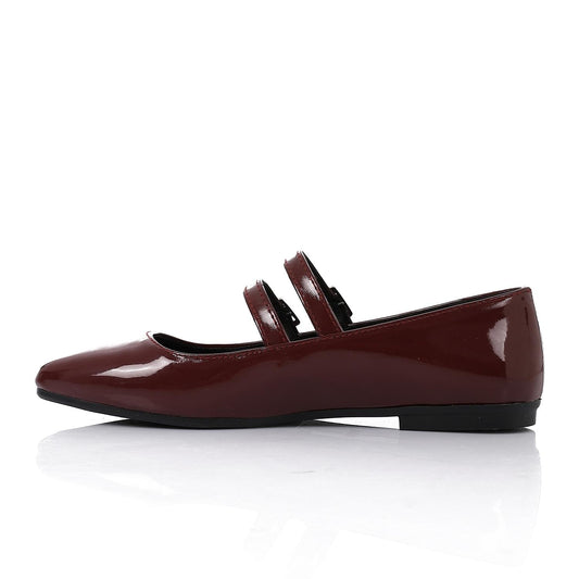 Patent Leather Solid Mary Jane Flats - Burgundy