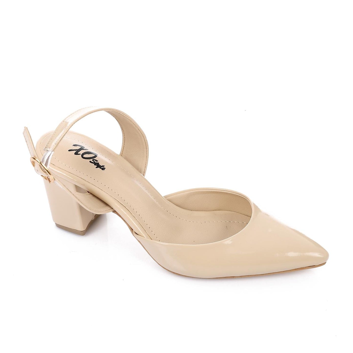 Patent Pointed-Toe Slingback Block Heels - Beige