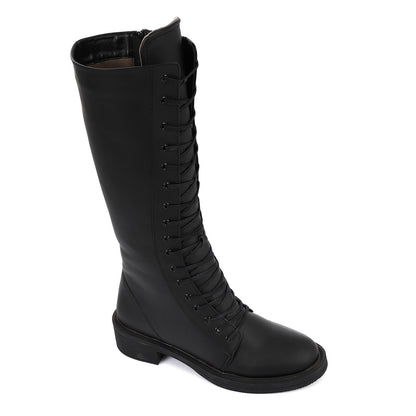 Leather Solid Knee-High Boots - Black