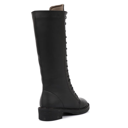 Leather Solid Knee-High Boots - Black
