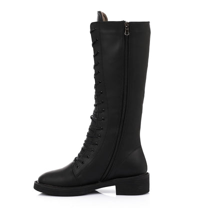 Leather Solid Knee-High Boots - Black