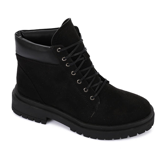 Suede Leather Solid Work Boots - Black